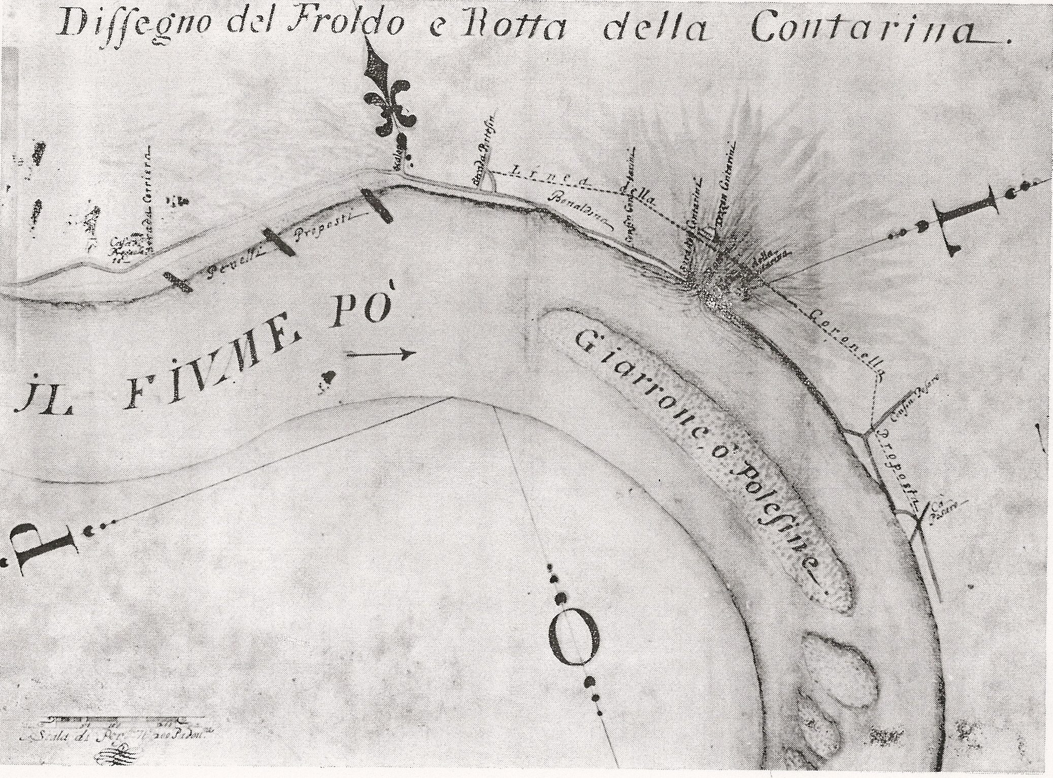 In questa mappa della Rotta di Contarina, sulla destra in basso si nota Ca’ Pesara. Anonimo 1720, Contarina - ASVe, Inq. Stato, b. 901, d.20