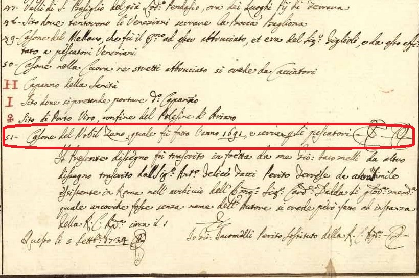 Giovanni Giacomelli, 05.03.1734, Isola di Ariano - ASFe, Periti agrimensori, 461. Particolare della legenda