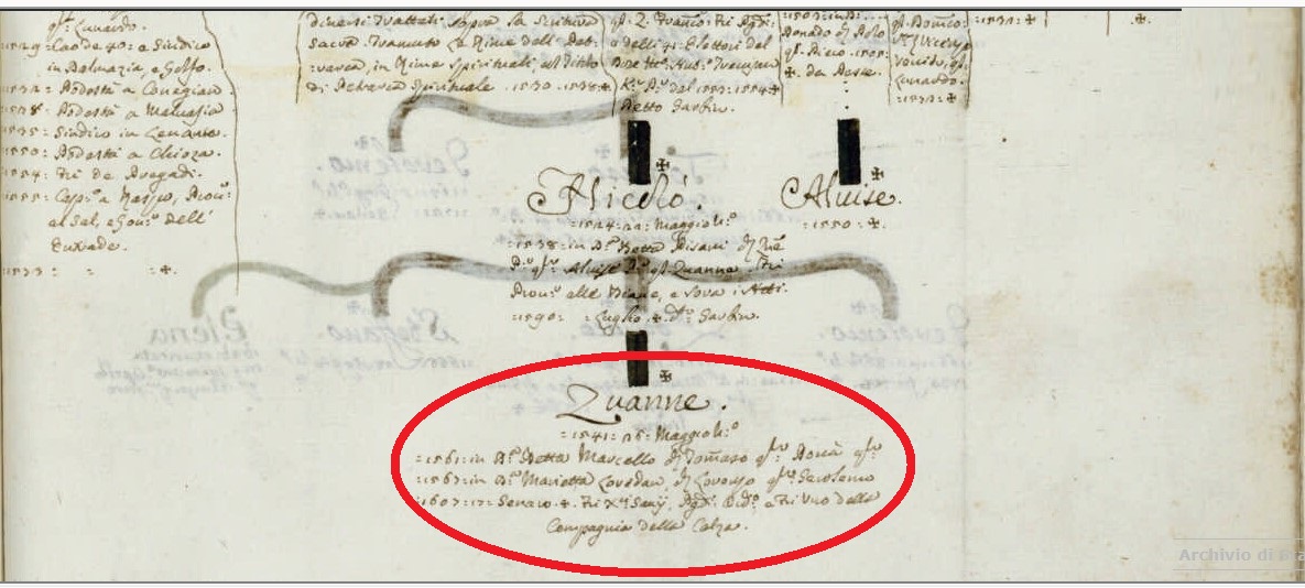 M. Barbaro, Genealogie di famiglie veneziane, 1751-1800 (ms. in Biblioteca del Museo Correr di Venezia, Cicogna 3622). Particolare dell’albero Venier.