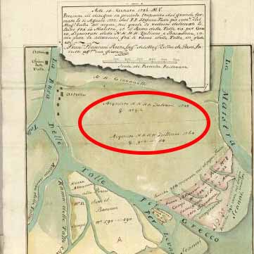 Terreni acquistati dalla famiglia Zulian tra il 1748 e il 1764 (Francesco Piantoni, 15.01.1786, terreni tra Maistra e Tolle, part. - ASVe)