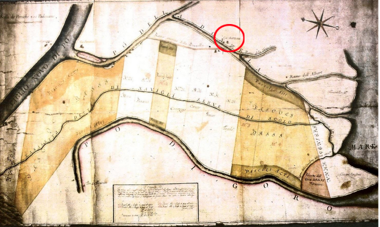 Indicazione dell’area di proprietà dei Garzoni (Antonio Gornizai, 6.09.1697, Terreni tra il Po della Donzella e il Po di Goro – ASVe, SEA PO, r. 141, d. 58)