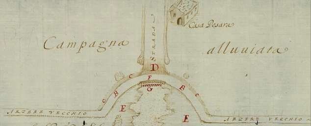 Matteo Alberti, 13.03.1690, Ca’ Pesara. Si nota un edificio a forma di barchessa. (ASVe, SEA, Disegni, b.732, dis.2)