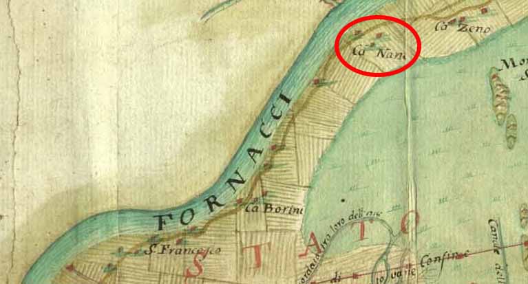 Dettaglio della mappa del Delta del Po del perito ferrarese Giacomelli con la descrizione di Ca’ Nani (Giovanni Giacomelli, 1751, Fortificazioni demolite, part. - ASFe, Periti agrimensori, 465 )